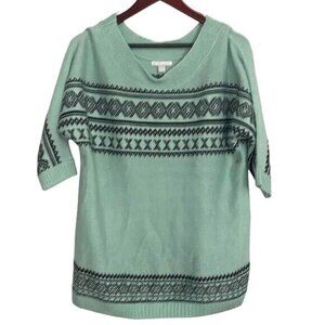 New York & Company Mint Green Sweater With Black Geometric Print V-Neck 3/4 Slee
